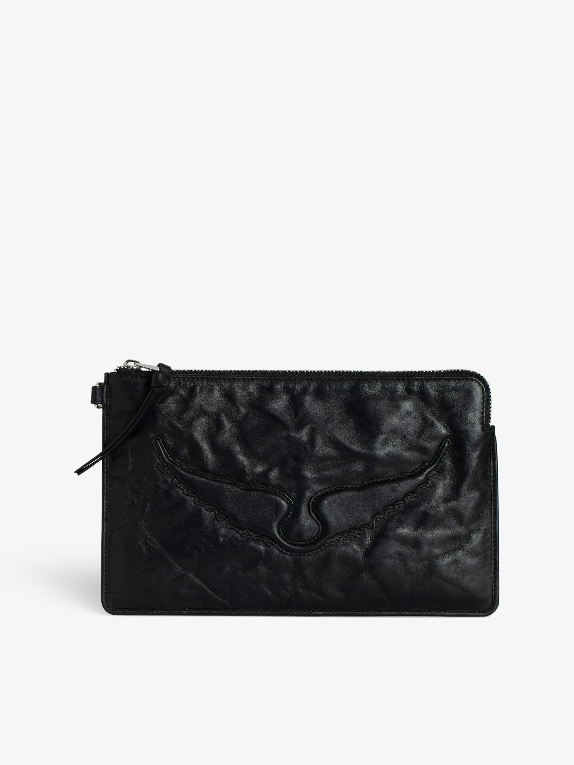 Angel Clutch - Black grained leather clutch with signature textured wings.