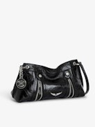 Borsa Sunny Mood - Borsa in pelle verniciata effetto vintage nera con ciondolo a medaglione e ali distintive.