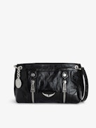 Borsa Sunny Mood - Borsa in pelle verniciata effetto vintage nera con ciondolo a medaglione e ali distintive.