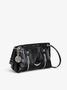 Borsa Sunny Mood - Borsa in pelle verniciata effetto vintage nera con ciondolo a medaglione e ali distintive.