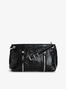 Borsa Sunny Mood - Borsa in pelle verniciata effetto vintage nera con ciondolo a medaglione e ali distintive.