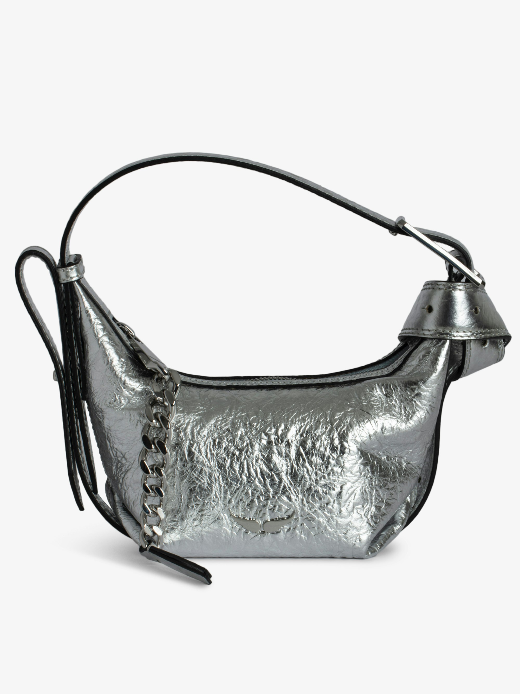 Le Cecilia XS Bag - Small metallic silver leather bag with crinkle effect, shoulder strap and metal C buckle.