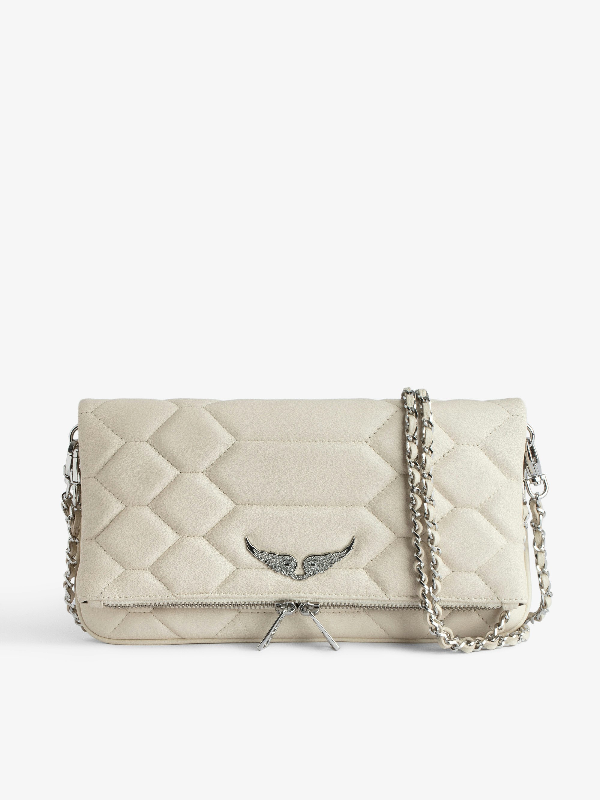 Rock Quilted Clutch - Women’s smooth quilted leather clutch bag with snake scale look in ecru.