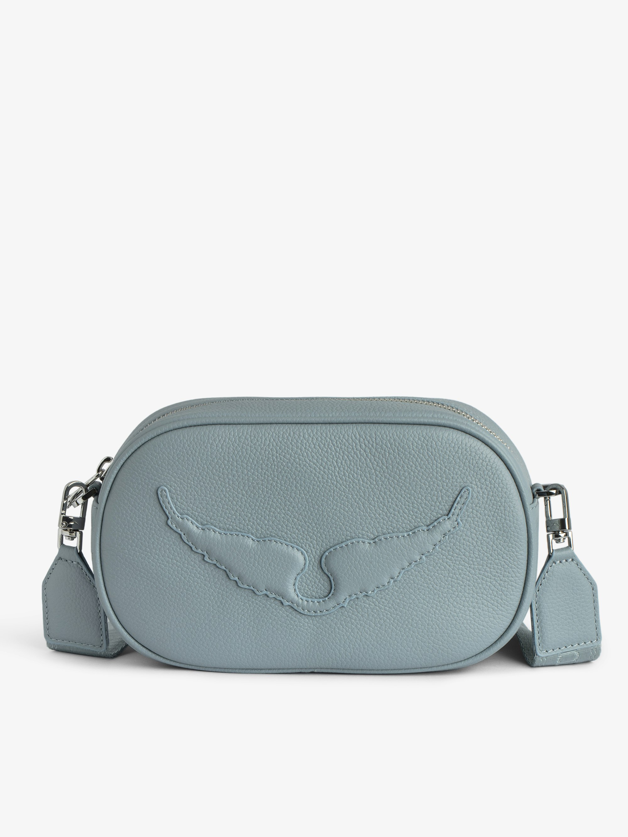 Rock With You Bag - Sky blue grained leather camera bag with a shoulder strap, accessorised with an earphone case.