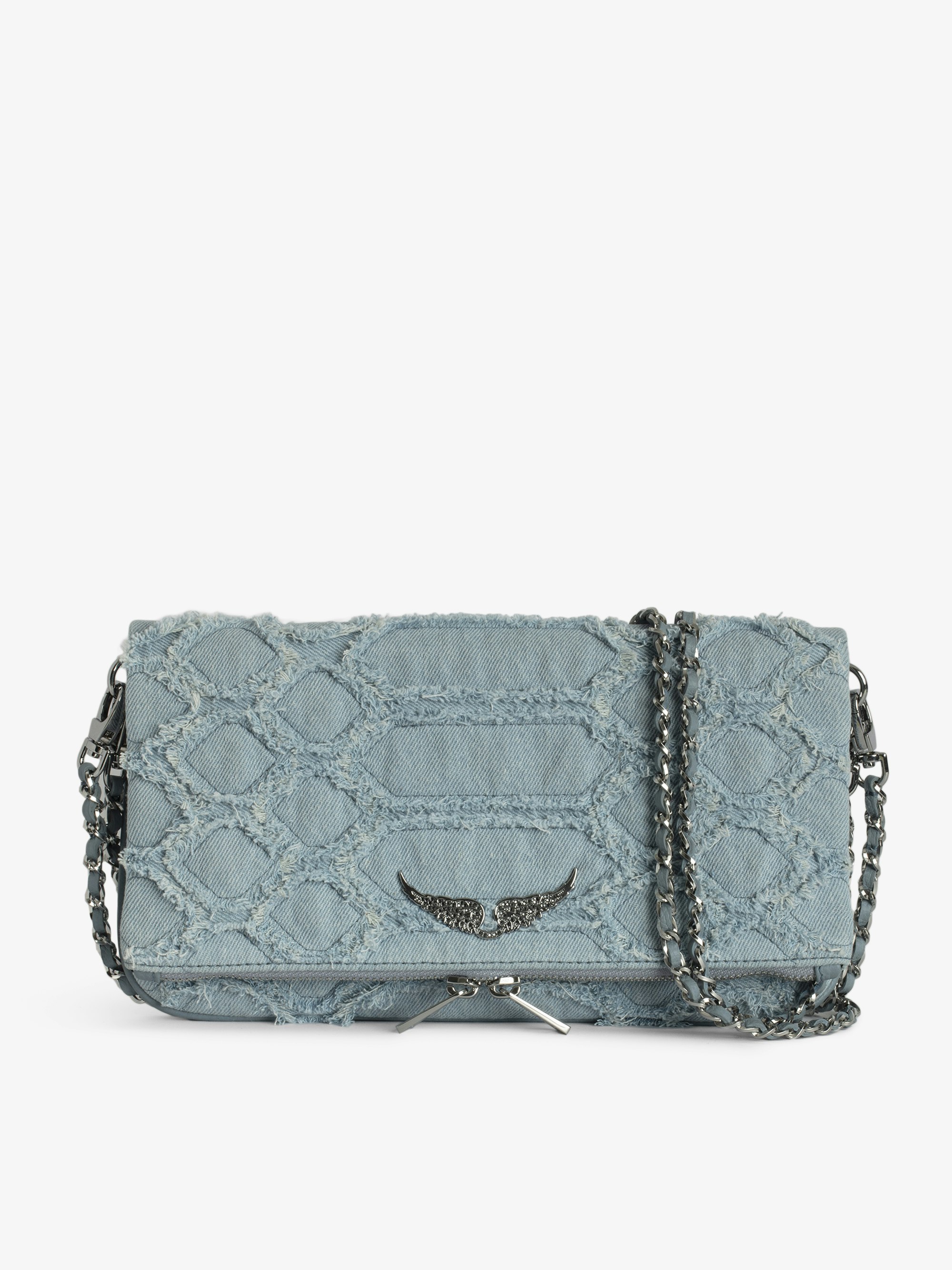 Rock Clutch - Fringed denim clutch with double chain and rhinestone wing signature.