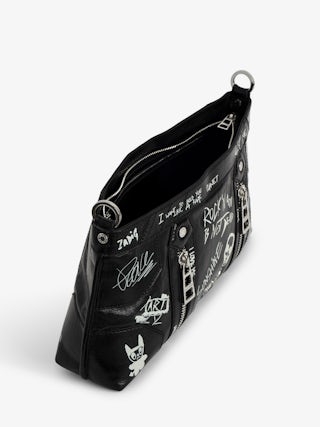Sunny Moody Bag - Vintage-effect patent leather bag with graffiti, adjustable shoulder strap, and signature metal wings.