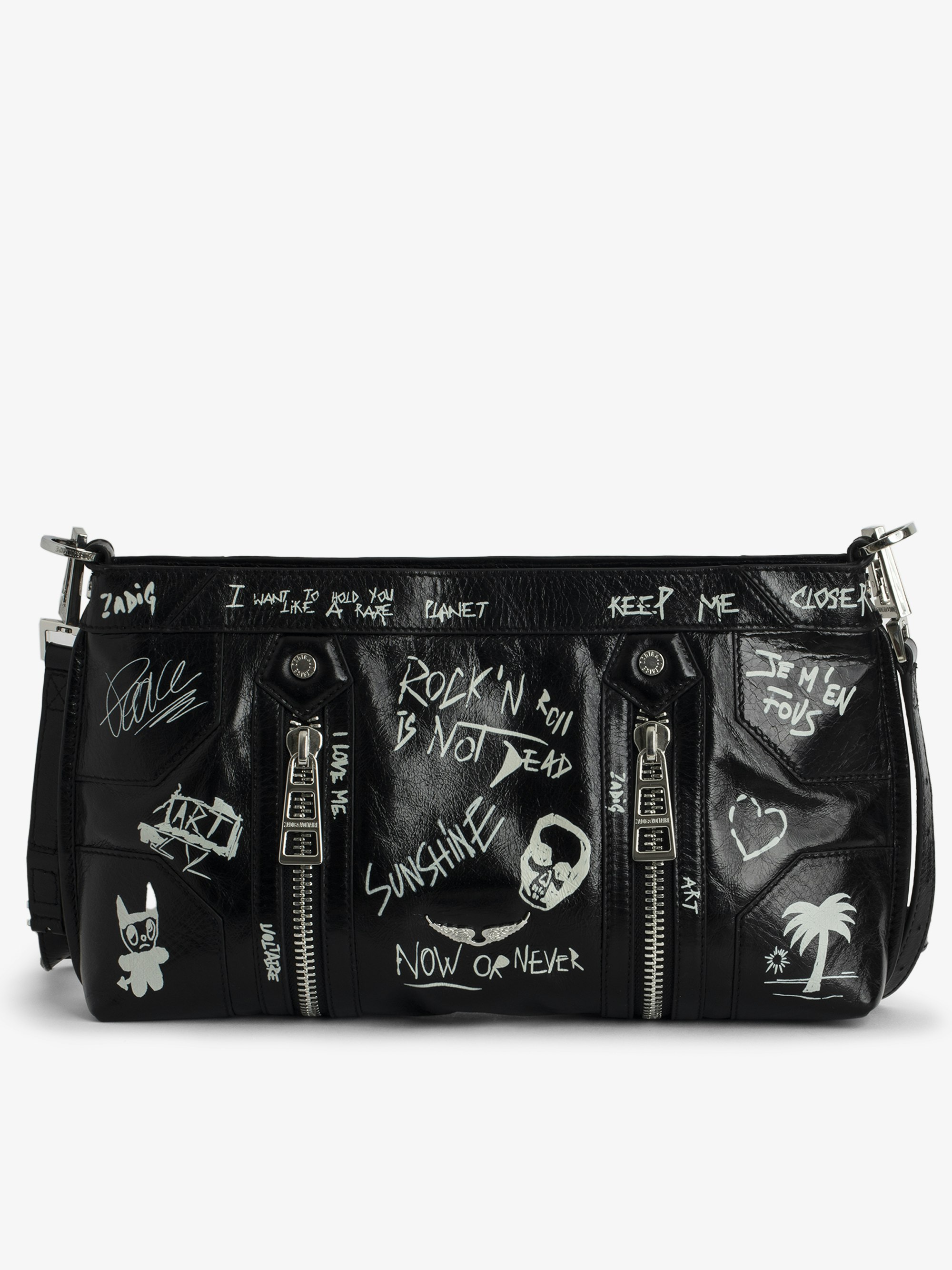 Sunny Moody Bag - Vintage-effect patent leather bag with graffiti, adjustable shoulder strap, and signature metal wings.