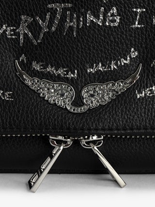 Rock Clutch - Graffiti-printed grained leather clutch with double chain in leather and metal, and wings adorned with rhinestones.