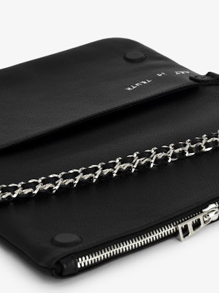 Rock Clutch - Graffiti-printed grained leather clutch with double chain in leather and metal, and wings adorned with rhinestones.