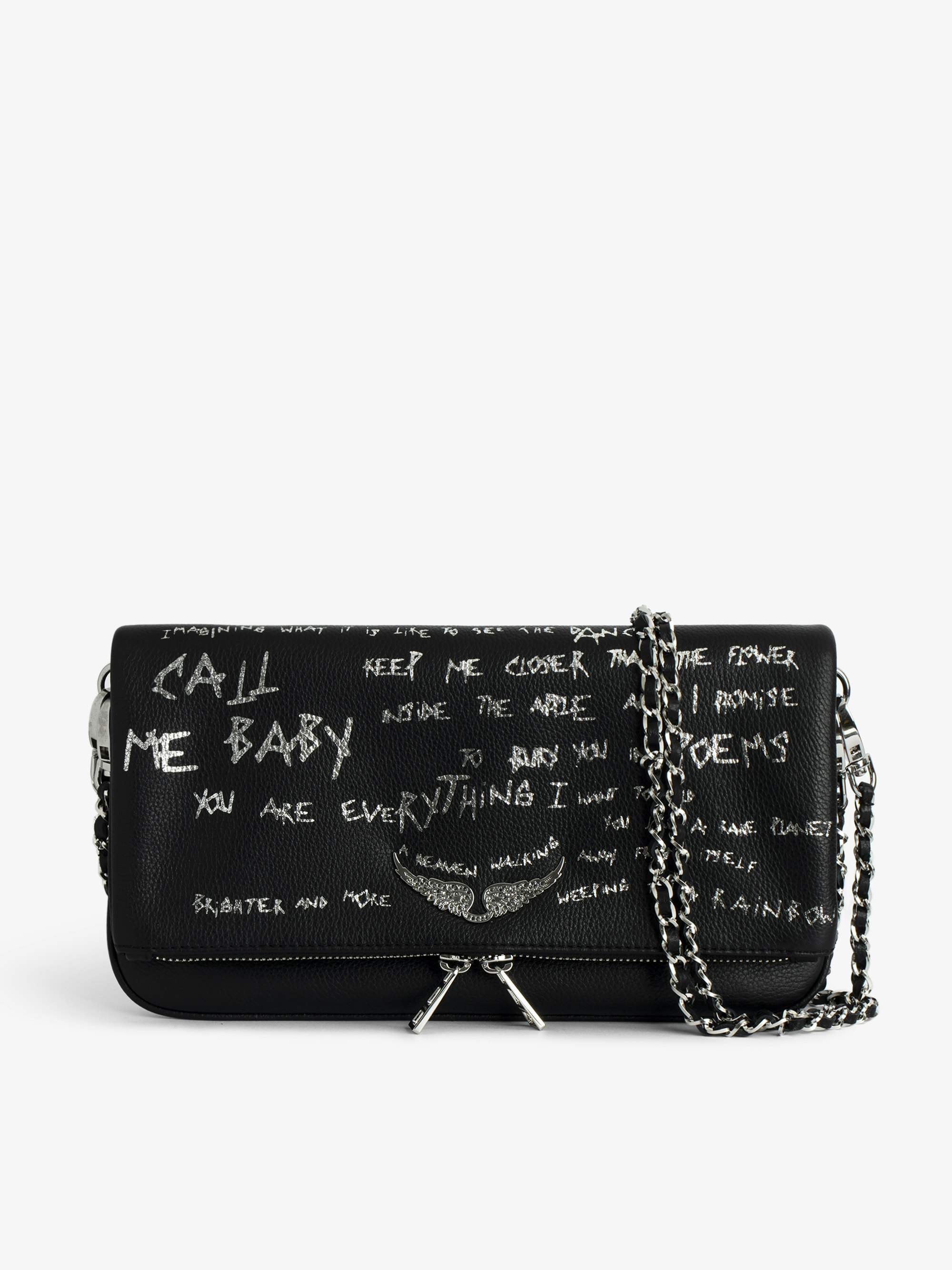 Rock Clutch - Graffiti-printed grained leather clutch with double chain in leather and metal, and wings adorned with rhinestones.