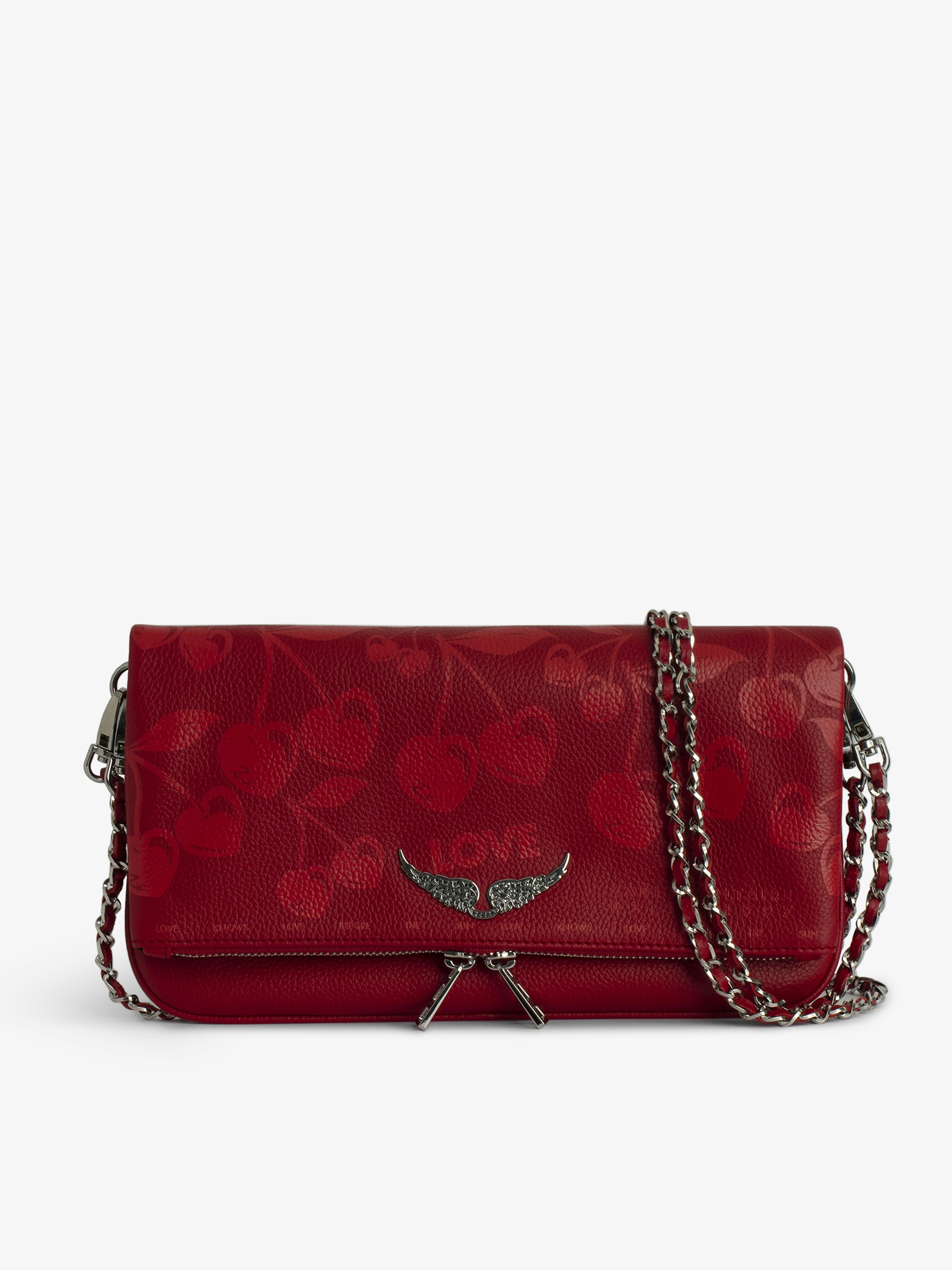 Rock Clutch - Grained leather Cherry printed clutch with double leather and metal chain and wings adorned with rhinestones.