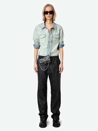 Rock Nano Clutch - Graffiti grained leather pouch with signature wing motif embellished with rhinestones.