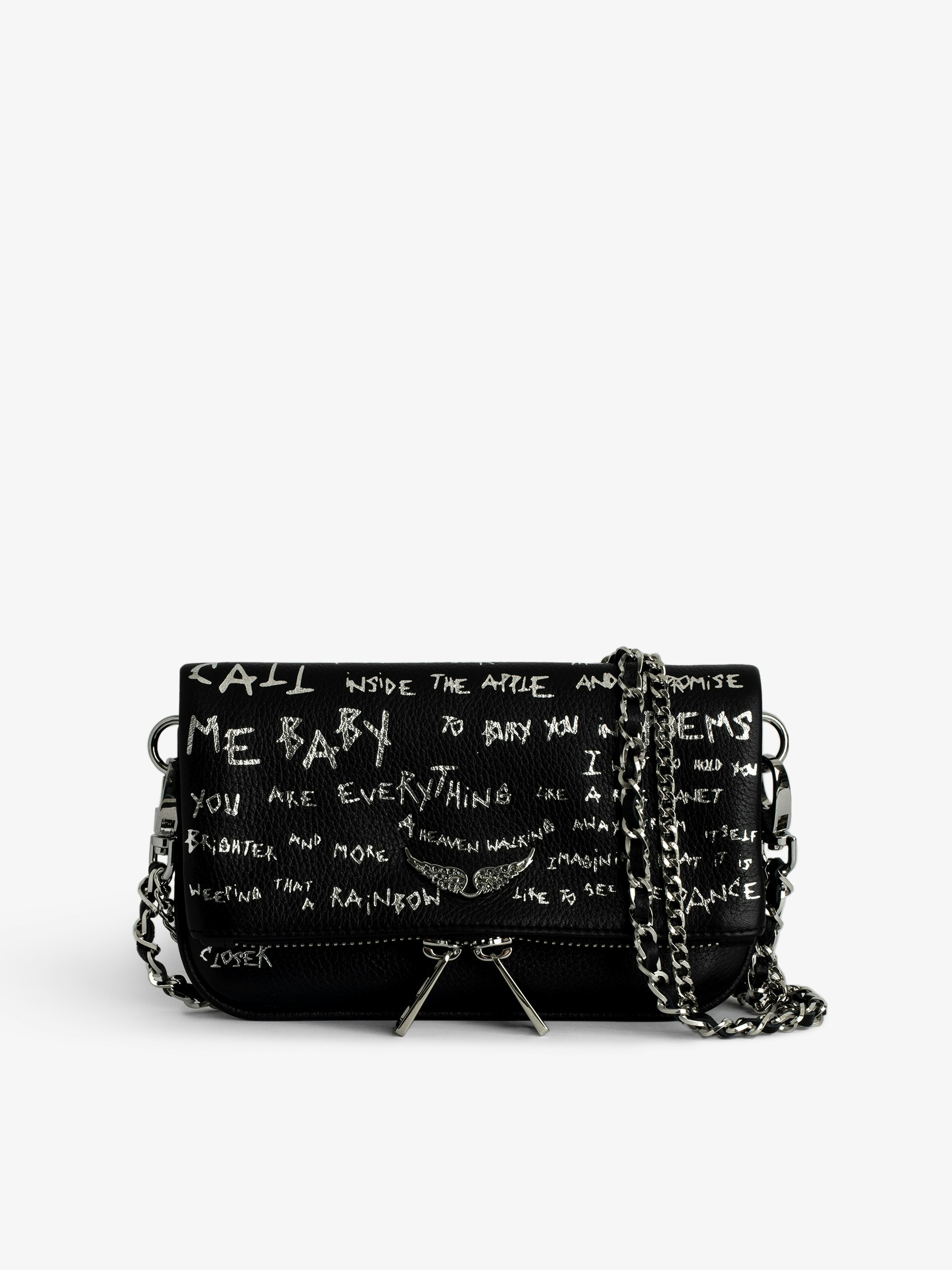 Rock Nano Clutch - Graffiti grained leather pouch with signature wing motif embellished with rhinestones.