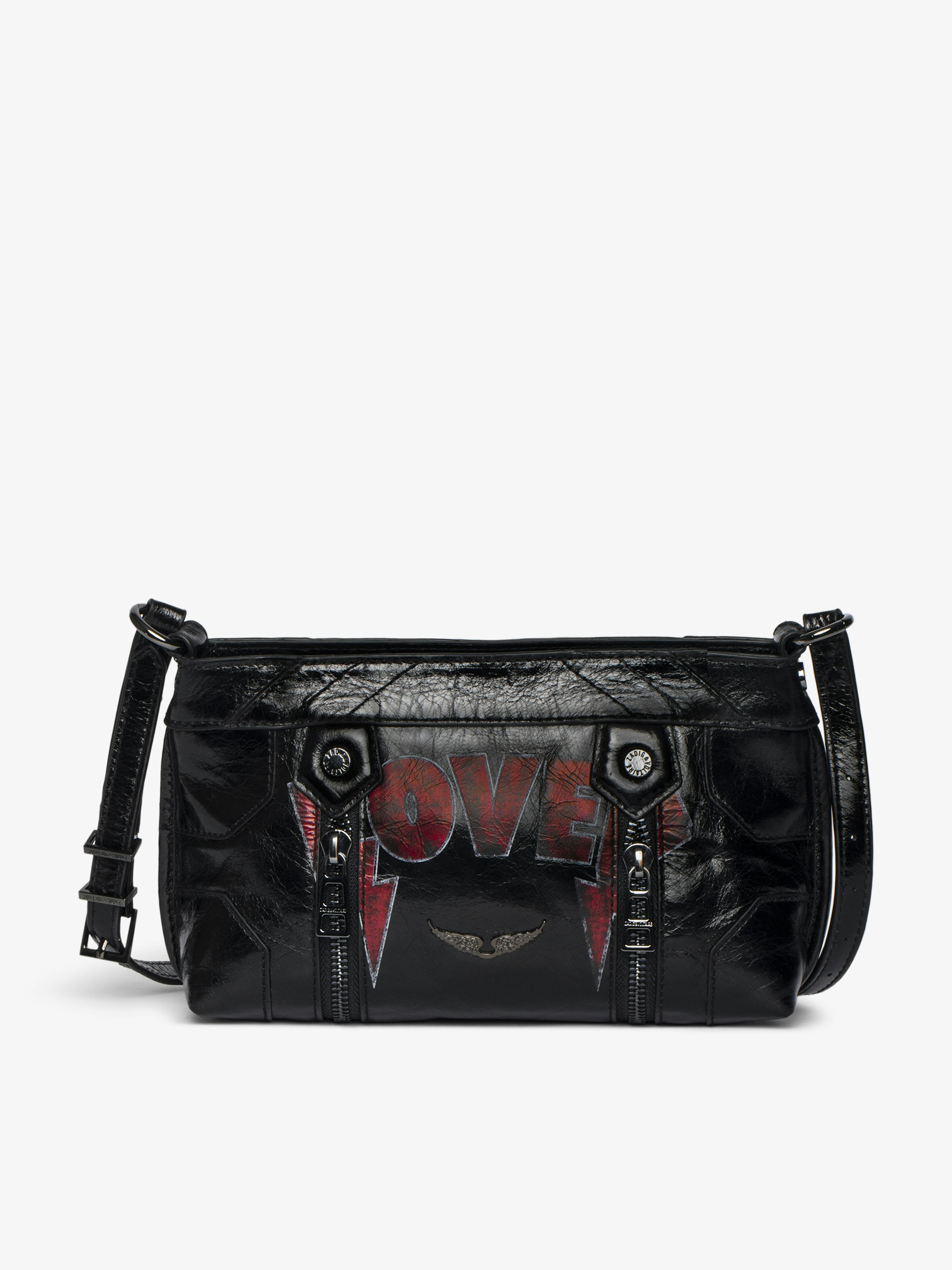 Borsa Sunny Mood Punk - Piccola borsa in pelle verniciata ispirata al vintage con tracolla regolabile e firma con ali e tag punk.