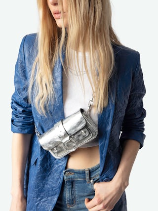 Kate Wallet Vintage Metal Bag - Silver metallic leather mini bag with ring and chain.