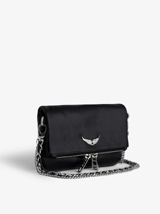 Rock Nano Clutch - Grained leather clutch with double leather and metal chains and rhinestone-adorned wings.
