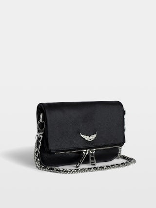 Rock Nano Clutch - Grained leather clutch with double leather and metal chains and rhinestone-adorned wings.