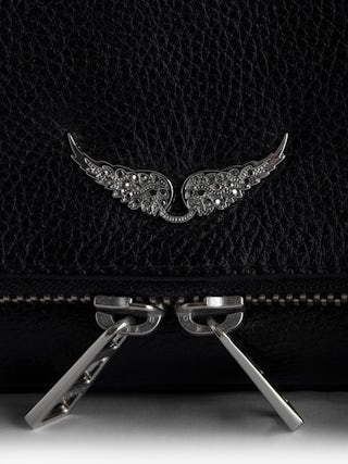 Rock Nano Clutch - Grained leather clutch with double leather and metal chains and rhinestone-adorned wings.