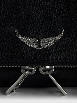 Rock Nano Clutch - Grained leather clutch with double leather and metal chains and rhinestone-adorned wings.