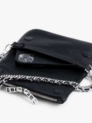 Rock Nano Clutch - Grained leather clutch with double leather and metal chains and rhinestone-adorned wings.