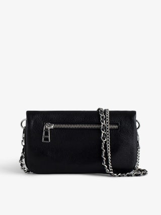 Rock Nano Clutch - Grained leather clutch with double leather and metal chains and rhinestone-adorned wings.