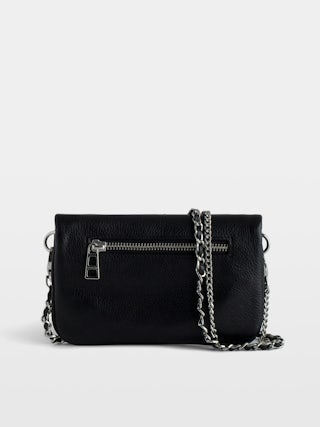 Rock Nano Clutch - Grained leather clutch with double leather and metal chains and rhinestone-adorned wings.