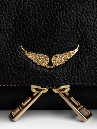 Rock Nano Clutch - Grained leather clutch with double leather and metal chains and rhinestone-adorned wings.