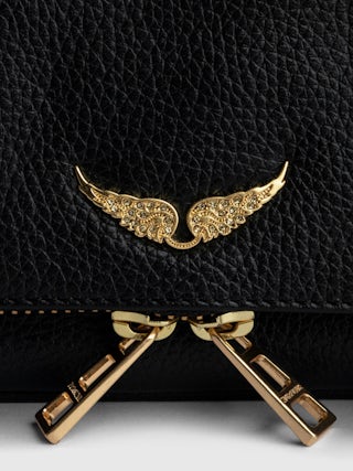 Rock Nano Clutch - Grained leather clutch with double leather and metal chains and rhinestone-adorned wings.