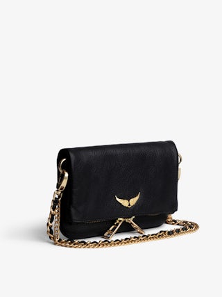 Rock Nano Clutch - Grained leather clutch with double leather and metal chains and rhinestone-adorned wings.