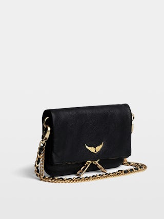 Rock Nano Clutch - Grained leather clutch with double leather and metal chains and rhinestone-adorned wings.