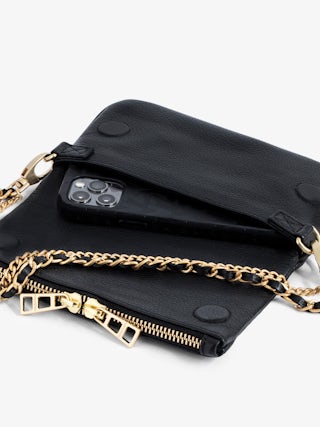 Rock Nano Clutch - Grained leather clutch with double leather and metal chains and rhinestone-adorned wings.