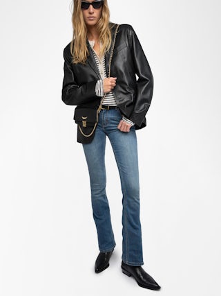 Rock Nano Clutch - Grained leather clutch with double leather and metal chains and rhinestone-adorned wings.