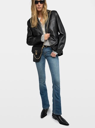 Rock Nano Clutch - Grained leather clutch with double leather and metal chains and rhinestone-adorned wings.