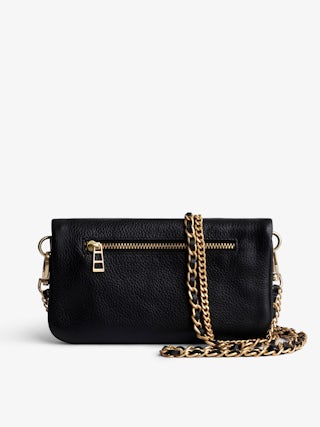 Rock Nano Clutch - Grained leather clutch with double leather and metal chains and rhinestone-adorned wings.