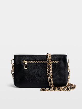 Rock Nano Clutch - Grained leather clutch with double leather and metal chains and rhinestone-adorned wings.