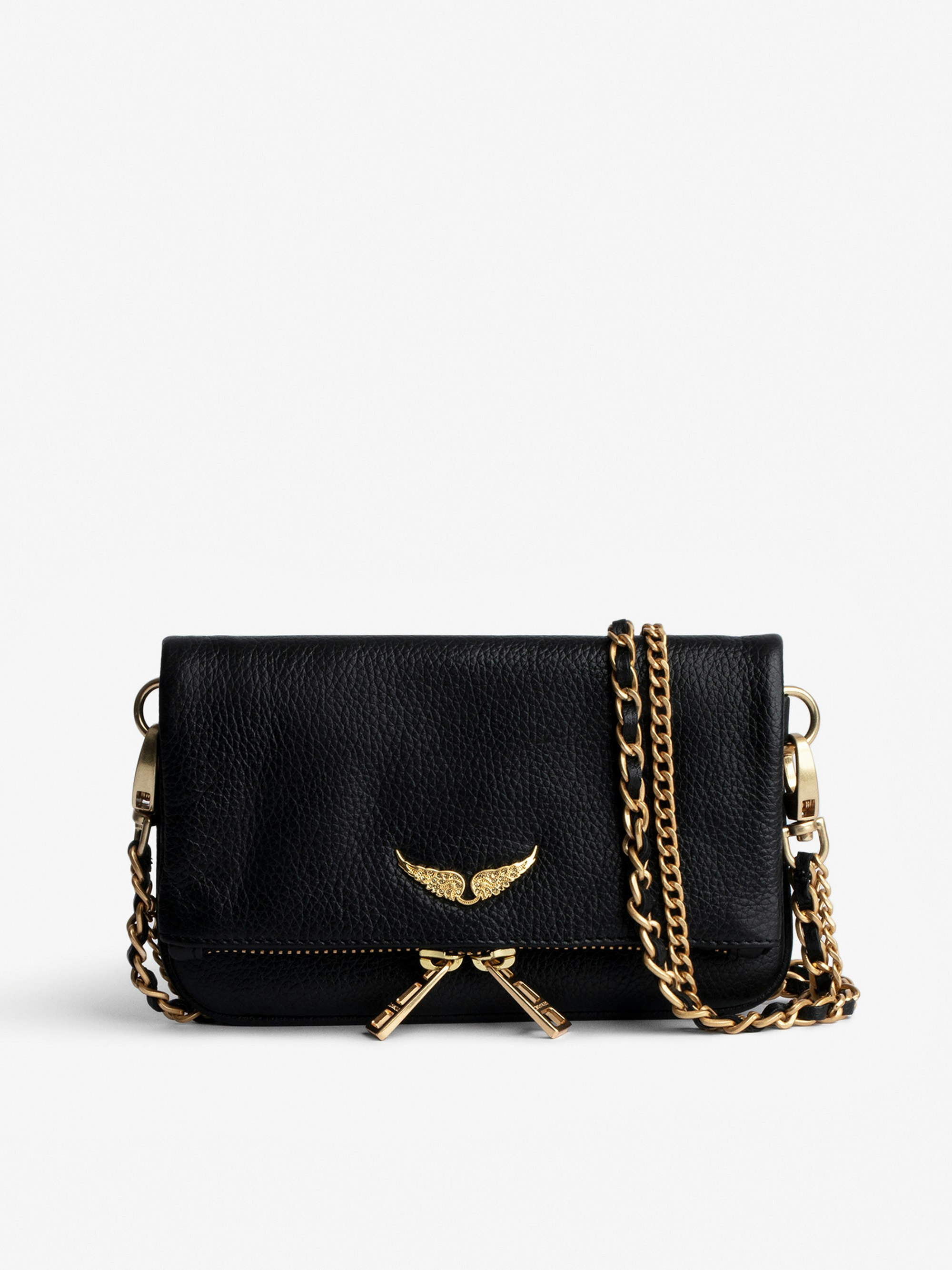 Bolso de mano Rock Nano - Bolso de mano de cuero granulado con doble cadena de cuero y metal y alas adornadas con strass.