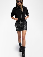 Rock Nano Clutch - Grained leather clutch with double leather and metal chains and rhinestone-adorned wings.