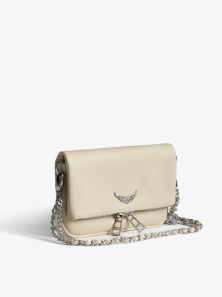 Rock Nano Clutch - Clutch in grained leather with double leather and metal chains and wings adorned with rhinestones.