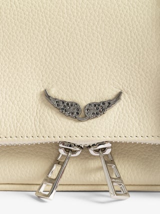 Rock Nano Clutch - Clutch in grained leather with double leather and metal chains and wings adorned with rhinestones.