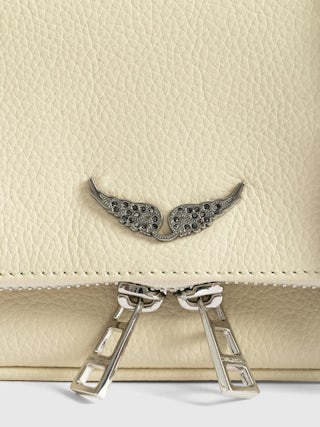 Rock Nano Clutch - Clutch in grained leather with double leather and metal chains and wings adorned with rhinestones.