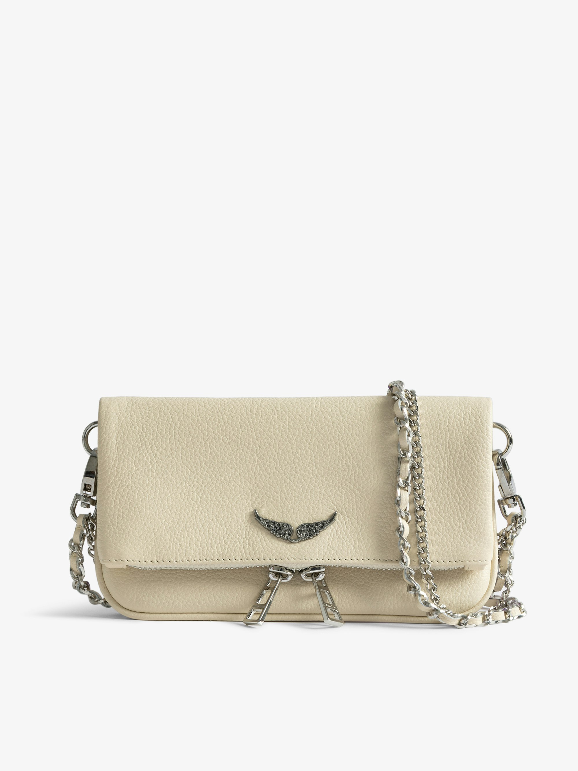 Clutch Rock Nano - Clutch de cuero granulado con dobles cadenas de cuero y metal y alas adornadas con strass.