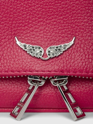 Rock Nano Clutch - Grained leather pochette with double leather and metal chains and rhinestone-adorned wings.
