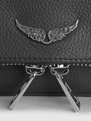 Rock Nano Clutch - Grained leather clutch with double leather and metal chains and wings adorned with rhinestones.