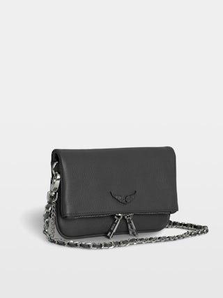 Rock Nano Clutch - Grained leather clutch with double leather and metal chains and wings adorned with rhinestones.