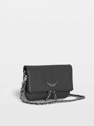 Rock Nano Clutch - Grained leather clutch with double leather and metal chains and wings adorned with rhinestones.