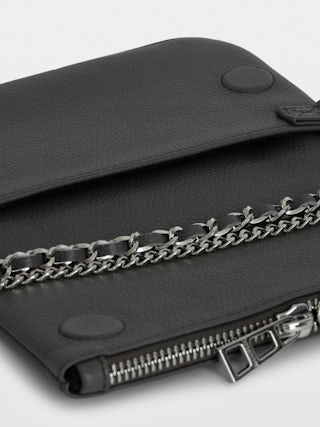 Rock Nano Clutch - Grained leather clutch with double leather and metal chains and wings adorned with rhinestones.
