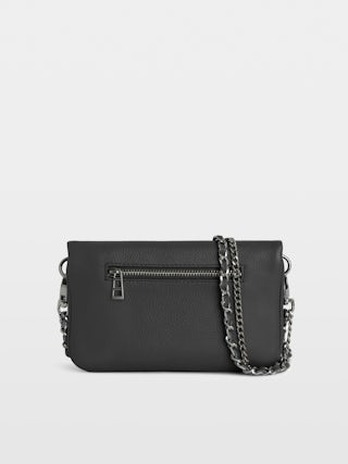 Rock Nano Clutch - Grained leather clutch with double leather and metal chains and wings adorned with rhinestones.