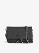 Pochette Rock Nano - Pochette en cuir grainé à double chaînes cuir et métal et ailes ornées de strass.