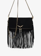 Pochette Rock Suede Fringes - Pochette en suede à double chaîne cuir et métal et ailes ornées de strass.
