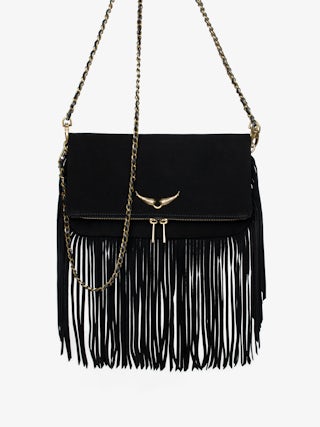 Rock Suede Fringes Clutch - clutch in suede with double leather and metal chain and wings adorned with rhinestones.